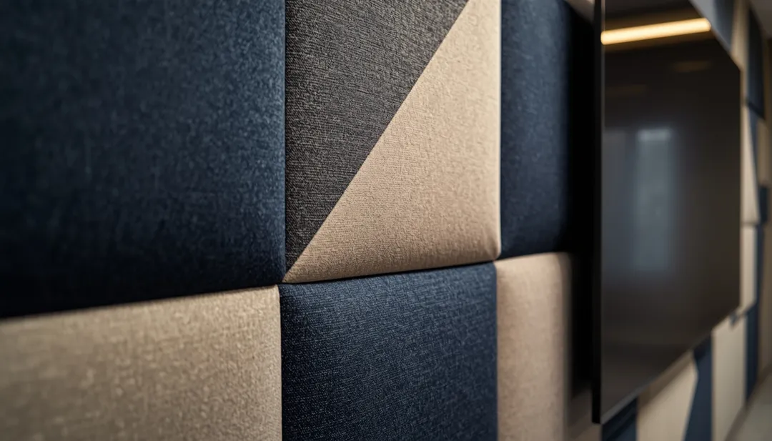 Geometric acoustic wall finishes for office interiors designed to manage sound in a modern meeting room.