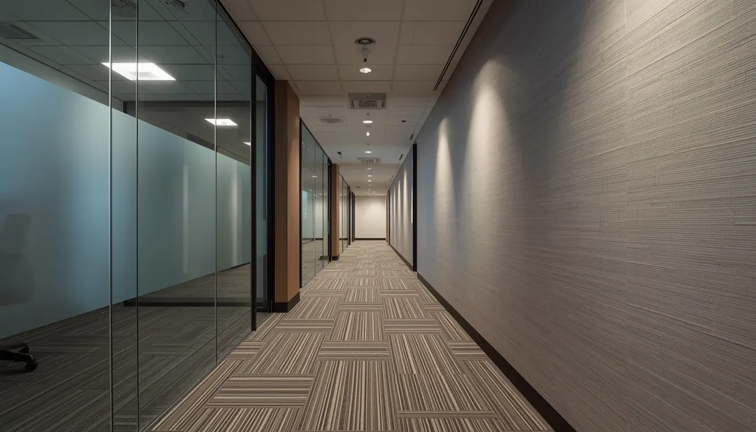 High-traffic office corridor in Kuwait showing durable vinyl wall finishes for office interiors alongside glass partitions