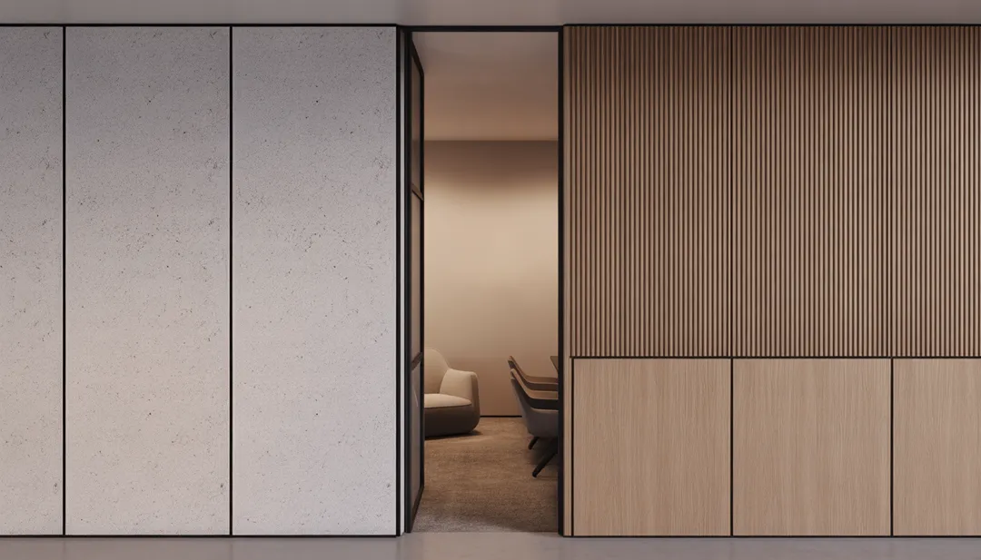 Close-up detail of premium wood and Venetian plaster wall finishes for office interiors