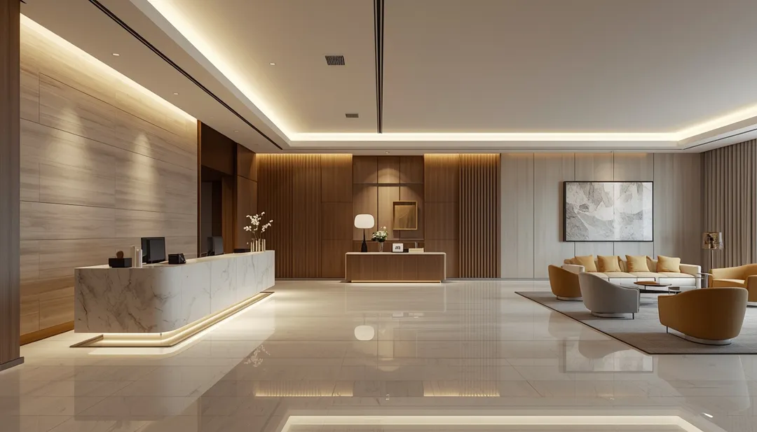 A professional Kuwaiti office reception featuring textured wall finishes for office interiors and warm lighting.